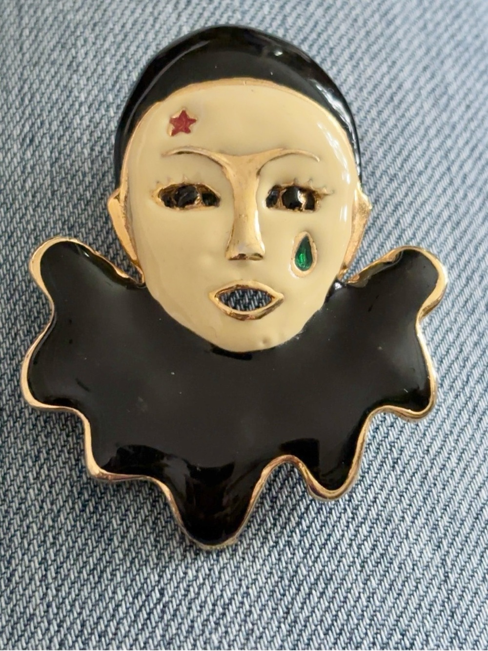 Vintage Pierrot Sad Clown Figural Brooch Gold Tone Enamel 2.5” Art Jewelry